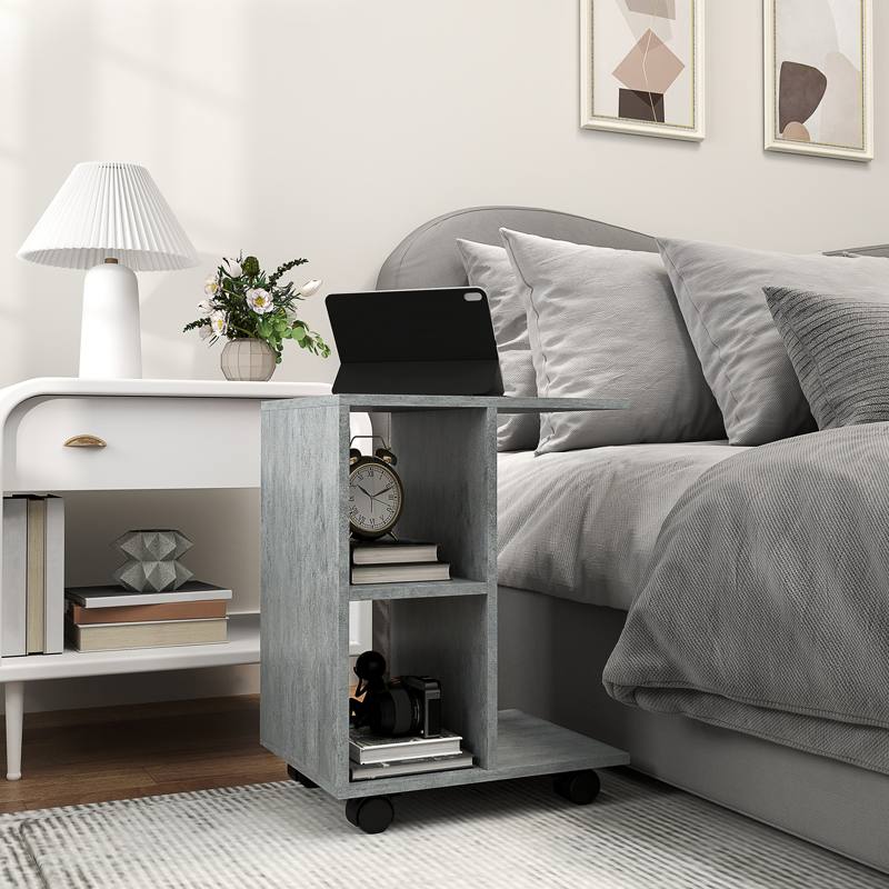 HOMCOM C-Shape End Table Unique Storage Unit w/ 2 Shelves 4 Wheels Freestanding Home Office Furniture Cabinet Square Studio Grey