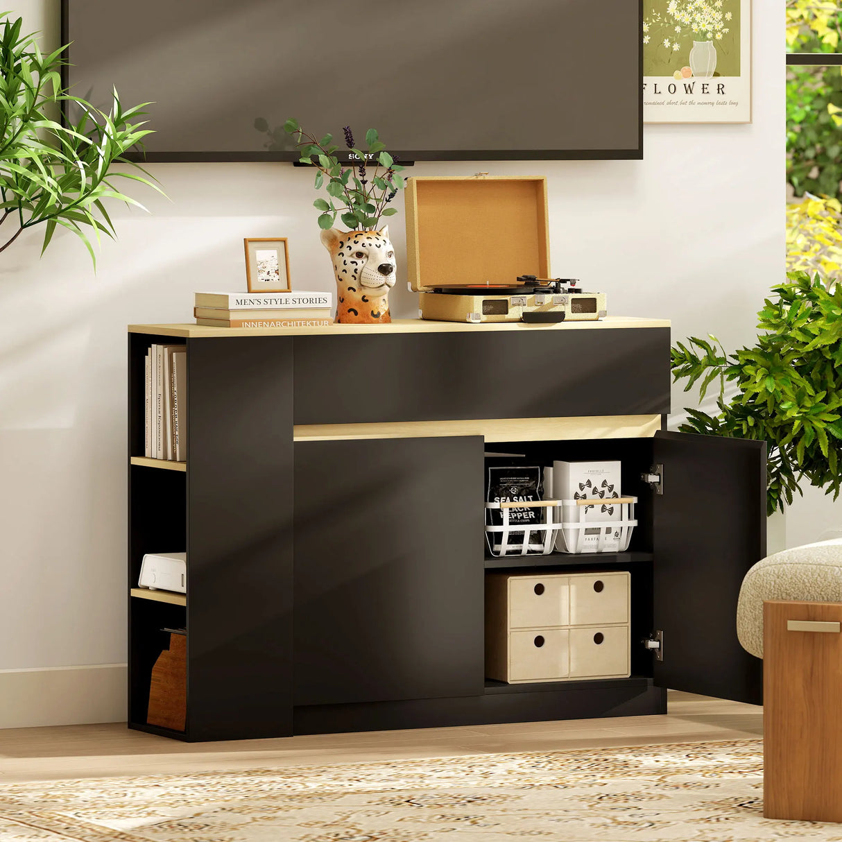 HOMCOM Sideboard, Storage Cabinet with Adjustable Shelf, 2 Drawers, 3 Open Shelves, Black
