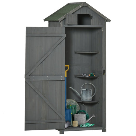 Outsunny Wooden Garden Shed, Utility Outdoor Small Shed with Lockable Double Doors, Shelves and Roof Hatch, Grey