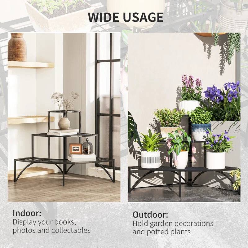 Outsunny Three-Tier Corner Metal Plants Shelves - Black