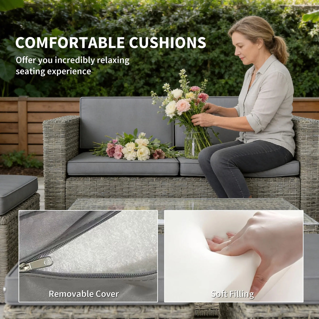 Outsunny 6 Piece Rattan Garden Furniture Set, Nesting Patio Conversation Set with Loveseat, Chairs, Table, Footstools, Dark Grey