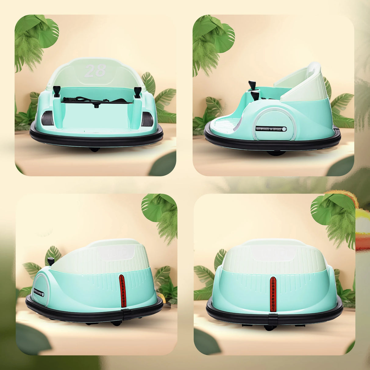 AIYAPLAY 360 Rotation Kids Bumper Car, 12V Waltz Car with Remote Control, Dual Joystick, Music, Lights, Green