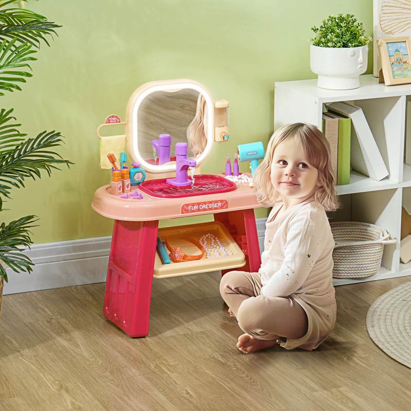 AIYAPLAY Kids Dressing Table with Mirror, LED Light, 23 Accessories, Pink