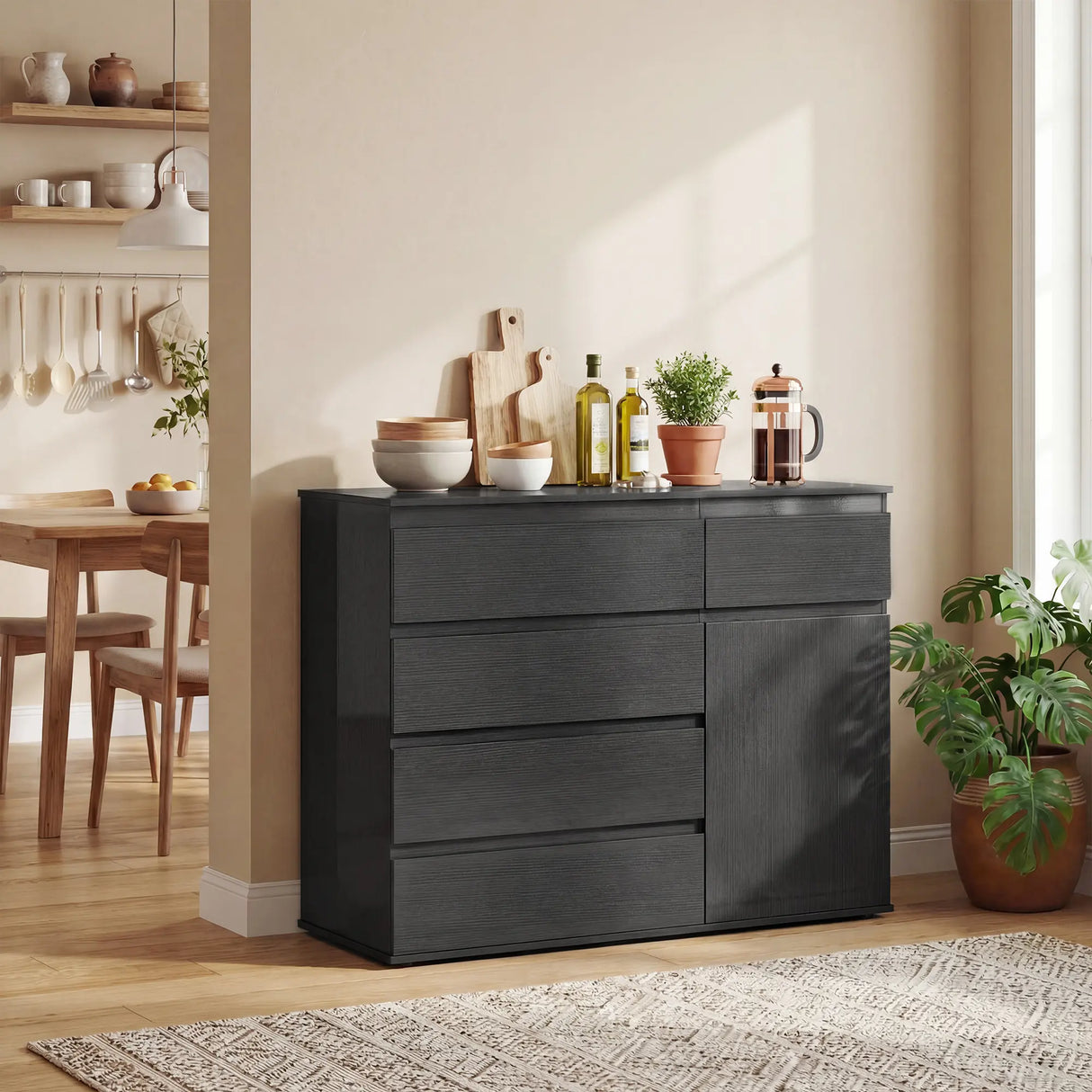 HOMCOM Modern Sideboard, Sideboard Storage Cabinet with 5 Drawers, Adjustable Shelf, Soft-Close Door, Black