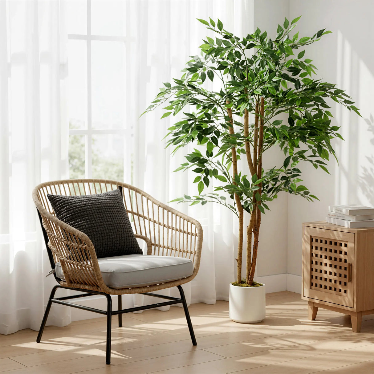 HOMCOM 150cm Artificial Ficus Tree, Fake Potted Tree with Solid Wood Trunk and Pot for Indoor, Green