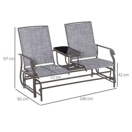 Outsunny 2 Seats Garden Glider Bench, Metal Frame Loveseat with Glass Top  Centre Table, Porch Rocking Glider for 2 Person, for Deck, Patio, Brown/ Grey