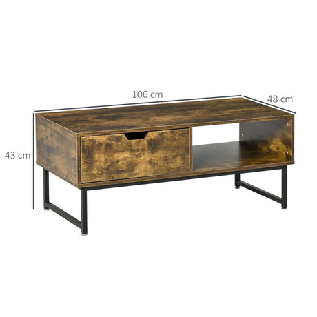 HOMCOM Industrial Coffee Table, Centre Table with Storage Shelf, Drawer and Metal Frame, Coffee Tables for Living Room, Office, 106W x 48D x 43H cm, Rustic Brown