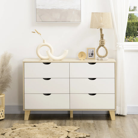 HOMCOM Bedroom Chest of Drawers, Wide 6-Drawer Dresser, Storage Drawer Unit with Wood Legs for Living Room, White and Light Brown