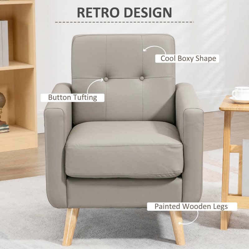 HOMCOM Retro Accent Chair, Tufted Living Room Chairs, PU Leather Armchair for Bedroom, Home Office, Grey