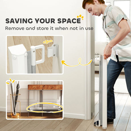 PawHut Retractable Stair Gate for Dogs, Pet Mesh Safety Gate Extends up to 115cm for Doorways Indoor- Grey