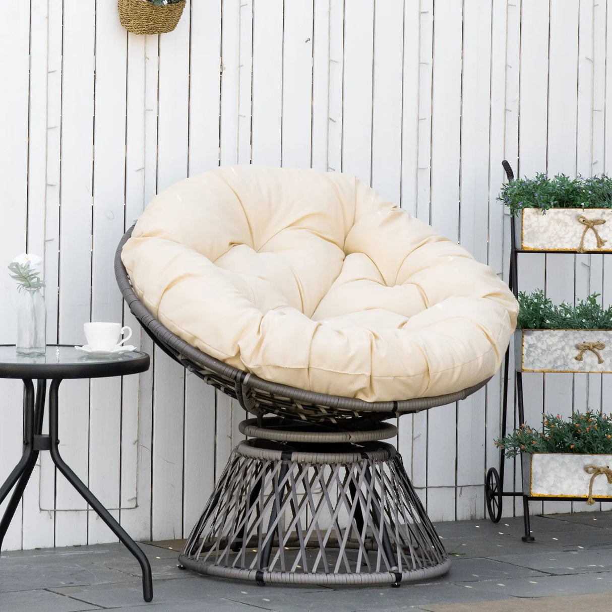 Outsunny 360 Swivel Rattan Moon Bowl Chair Round Lounge Garden Wicker Basket Seat with Padded Cushion Oversized for Outdoor Indoor, Beige