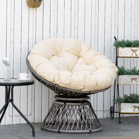 Outsunny 360 Swivel Rattan Moon Bowl Chair Round Lounge Garden Wicker Basket Seat with Padded Cushion Oversized for Outdoor Indoor, Beige