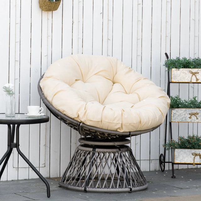 Outsunny 360 Swivel Rattan Moon Bowl Chair Round Lounge Garden Wicker Basket Seat with Padded Cushion Oversized for Outdoor Indoor, Beige