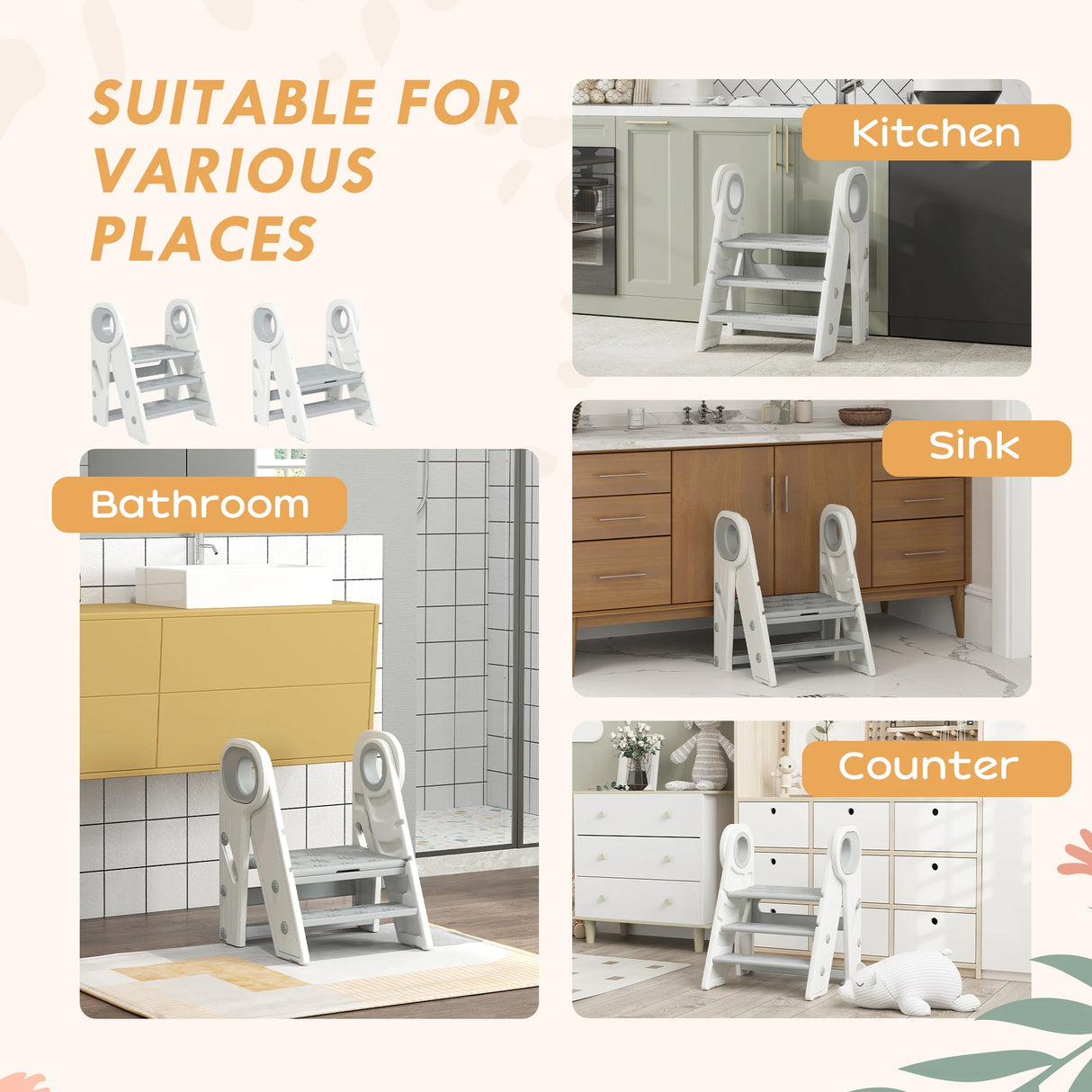 AIYAPLAY Foldable and Adjustable Kids Step Stool with Handle, Non-Slip, Grey