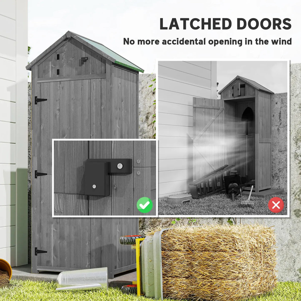 Outsunny Wooden Garden Shed, Utility Outdoor Small Shed with Lockable Double Doors, Shelves and Roof Hatch, Grey