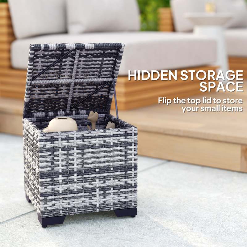 Outsunny Set of 2 Rattan Storage Ottoman, Outdoor Footstool with Removable Cushions, Garden Storage Seat for Balcony, Poolside, Living Room, Dark Grey