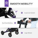 HOMCOM Folding Rollator Walker with Seat, Backrest, Lightweight Walking Frame with Storage Bag, Dual Brakes, Adjustable Handle Height, Suspension System, 4 Wheeled Walker for Seniors, Purple