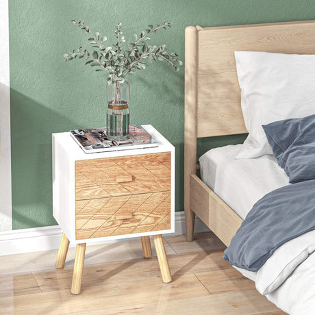 HOMCOM 2 Drawers Bedside Table with Pine Legs, Bedroom Wooden Storage Cabinet, Set of 2, Natural