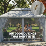Outsunny 3 x 4 m Outdoor Garden Gazebo with Netting and Curtains, UPF50+ Patio Gazebo Permanent Pavilion Canopy, Dark Grey