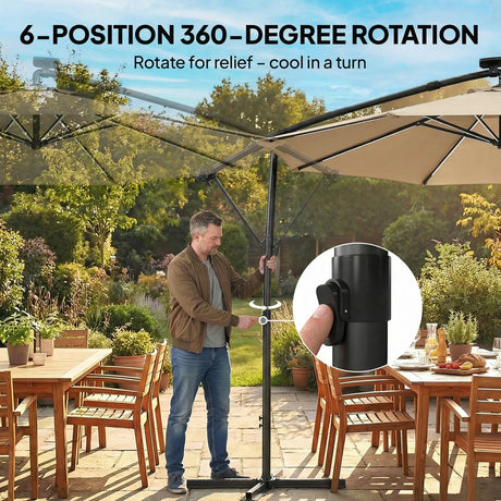 Outsunny 3 m Garden Cantilever Parasol with LED Solar Light, Round Overhanging Umbrella with 360 Rotation, Cover, Khaki