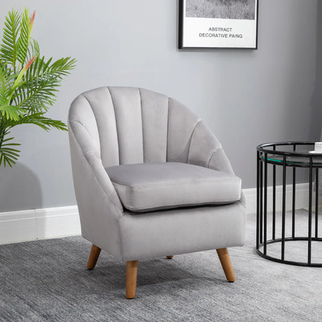 HOMCOM Accent Chair Velvet Fabric Single Sofa Armchair Home Living Room Solid Wood Leg Upholstered Side Armchair Grey