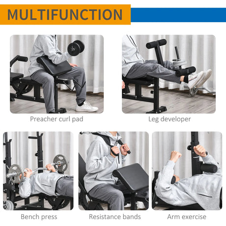 HOMCOM Weight Bench, 6 in 1 Adjustable Bench Press with Leg Extension, Barbell Rack, Preacher Curl Pad, Resistance Band, Multi-Function Home Gym Equipment for Strength Training Weightlifting