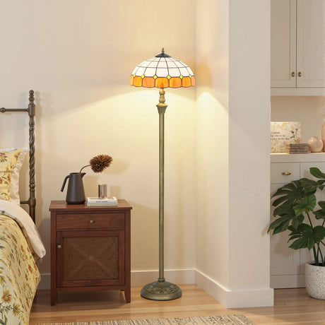 HOMCOM Tiffany-Style Floor Lamp with Handcrafted Stained Glass Shade, 152cm Tall Vintage Standing Lamp with Foot Switch and Dual Sockets for Living Room Bedroom, Bronze Tone and Orange