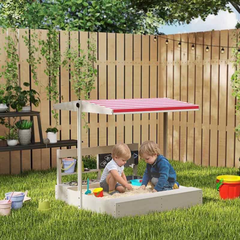Outsunny Kids Wooden Sandbox w/ Canopy, Kitchen Toys, Seat, Storage, for Ages 3-7 Years