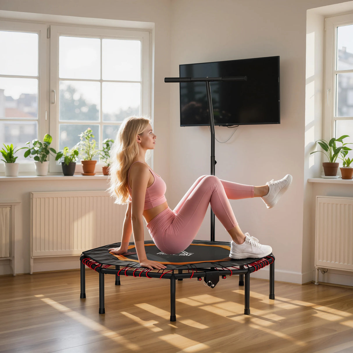 HOMCOM Fitness Trampoline, Bouncer with Adjustable Handle, Max Load 150 kg