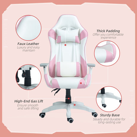 HOMCOM Faux Leather Colour Block Gaming Chair, with 135° Reclining Back - Pink/White