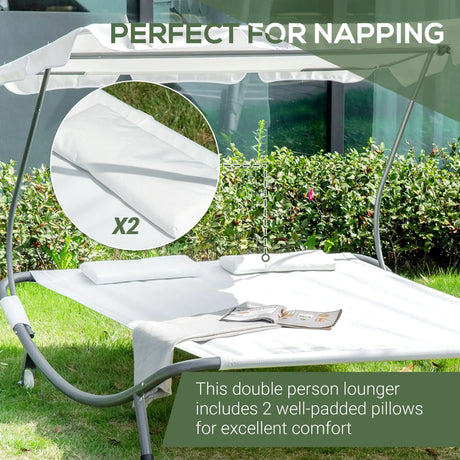 Outsunny Double Sun Lounger with Adjustable Detachable Canopy, Portable Garden Daybed for 2 with Wheels, Outdoor Sunbed Hammock with 2 Pillows, 220 KG Max. Load, White
