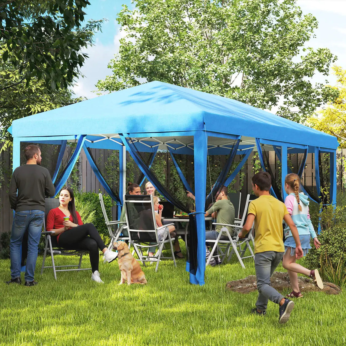 Outsunny 3 x 6m Pop Up Gazebo, Outdoor Canopy Shelter, Marquee Party Wedding Tent with 6 Mesh Walls and Carry Bag, Blue