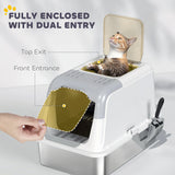 PawHut Extra Large Stainless Steel Litter Box, Enclosed Cat Litter Tray with Scoop, Deodorizer Bag, Front-Entry and Top-Exit