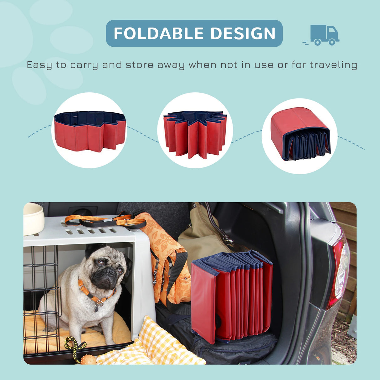 PawHut Dog Paddling Pool, Foldable Dog Pool, Leakproof & Hard Plastic, Portable Pet Bathtub with Non-Slip Base & Drainage Hole, for Indoors, Outdoors, Garden, Patio, 120 x 30 cm, Red