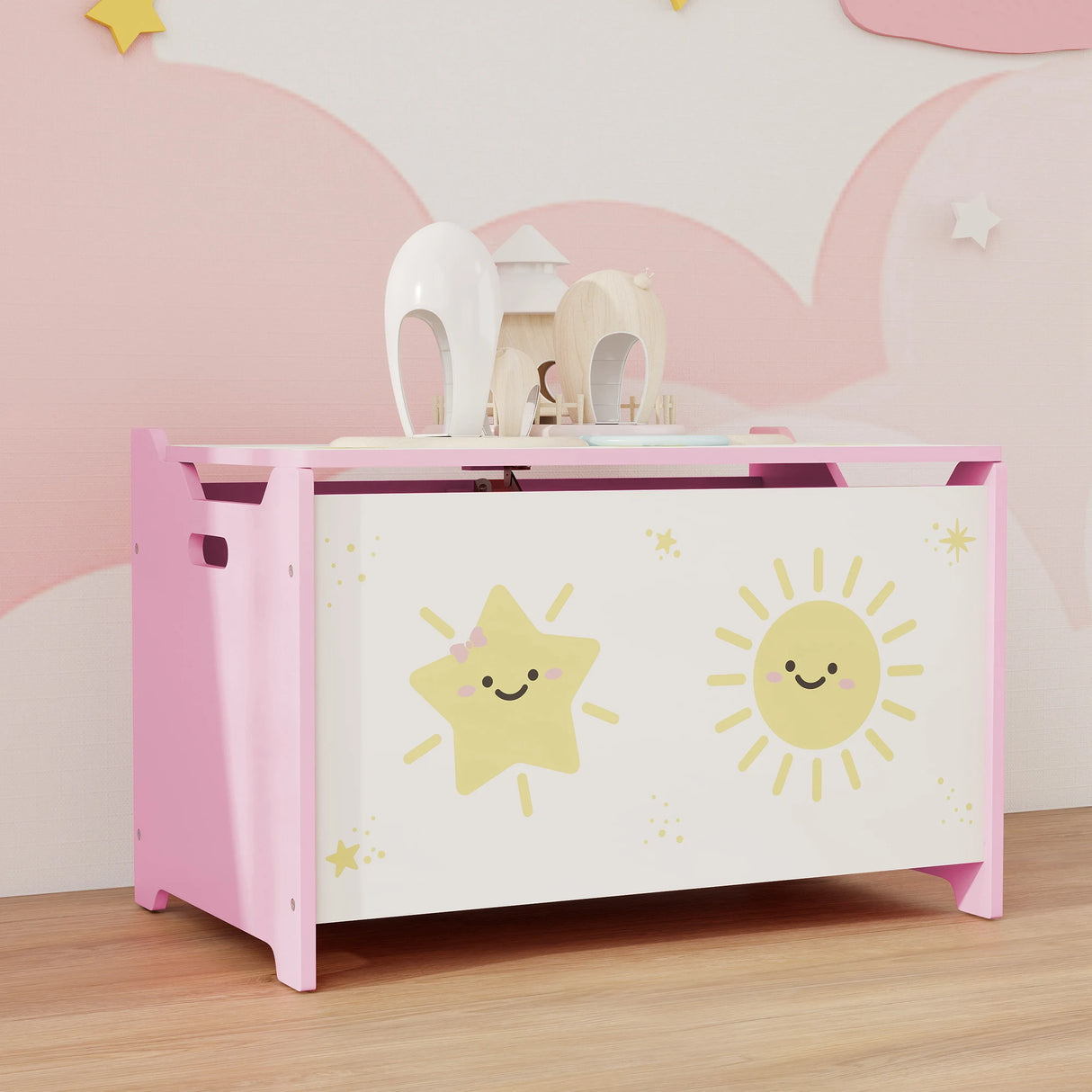 AIYAPLAY Toy Box with Lid, Safety Hinges and Groove Handles, Toy Storage organiser for Kids, Living Room, Playroom, Pink