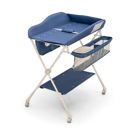 Foldable Diaper Changing Station, Height Adjustable Changing Table with Lockable Wheels-Blue