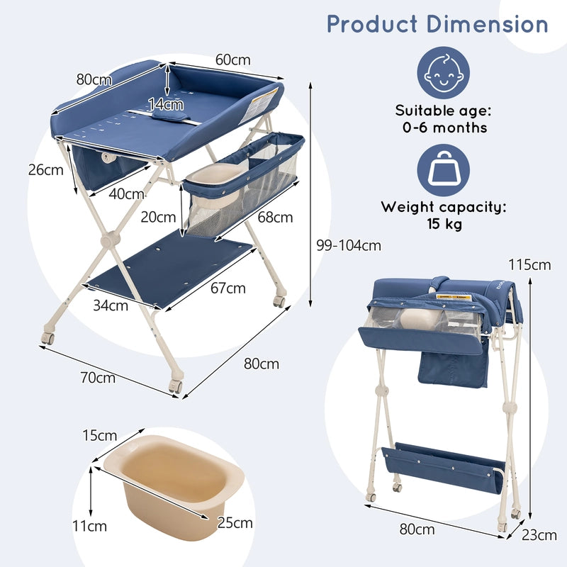 Foldable Diaper Changing Station, Height Adjustable Changing Table with Lockable Wheels-Blue