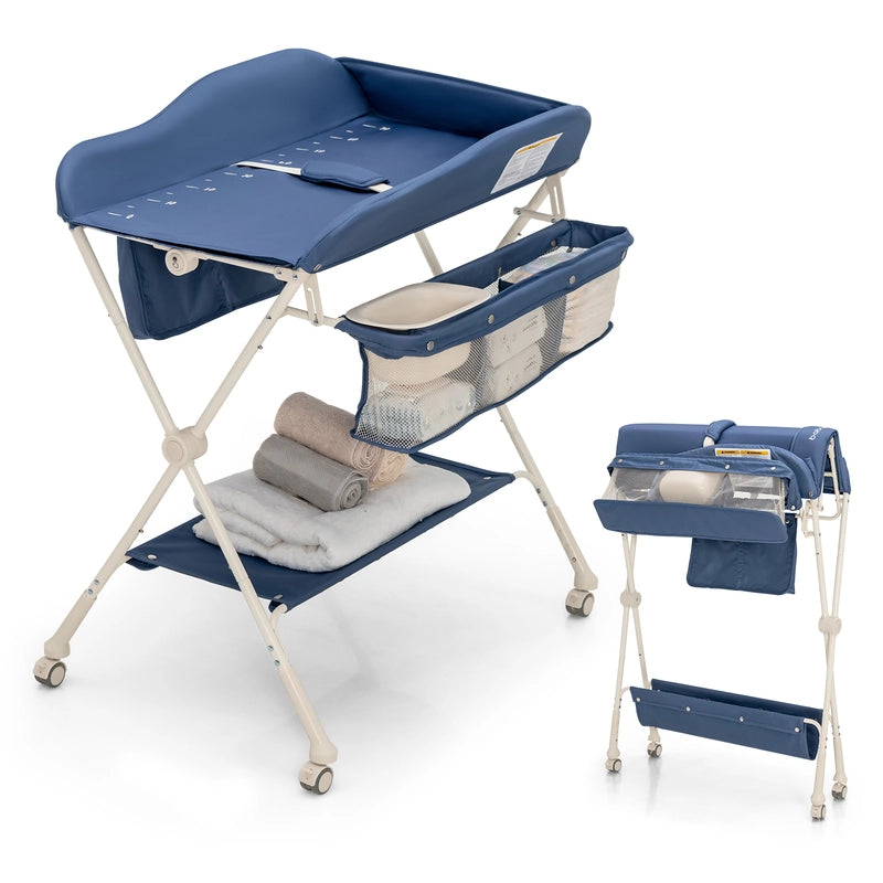 Foldable Diaper Changing Station, Height Adjustable Changing Table with Lockable Wheels-Blue