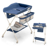 Foldable Diaper Changing Station, Height Adjustable Changing Table with Lockable Wheels-Blue