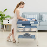 Foldable Diaper Changing Station, Height Adjustable Changing Table with Lockable Wheels-Blue