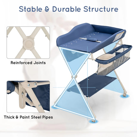Foldable Diaper Changing Station, Height Adjustable Changing Table with Lockable Wheels-Blue