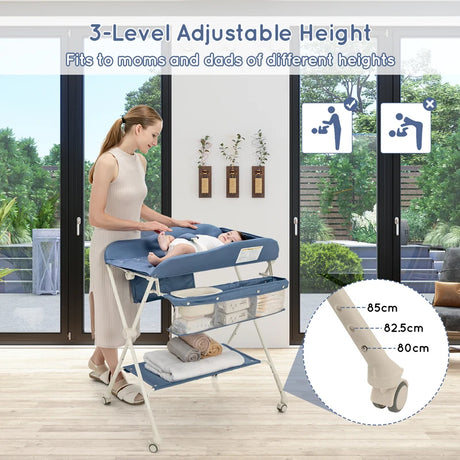 Foldable Diaper Changing Station, Height Adjustable Changing Table with Lockable Wheels-Blue