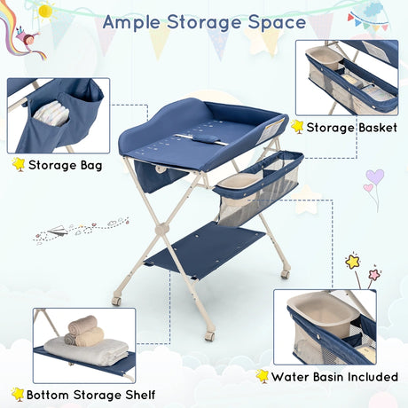 Foldable Diaper Changing Station, Height Adjustable Changing Table with Lockable Wheels-Blue