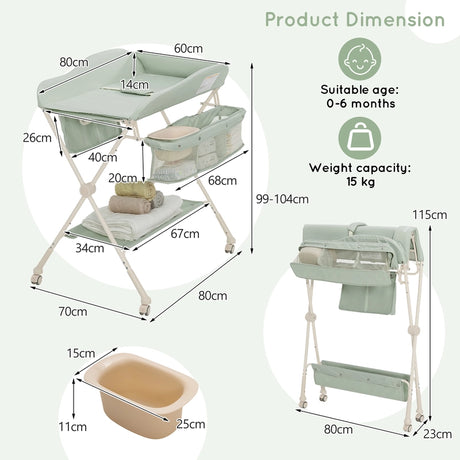 Baby Diaper Changing Table with Water Basin Wheel-Green