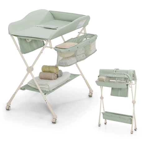 Baby Diaper Changing Table with Water Basin Wheel-Green