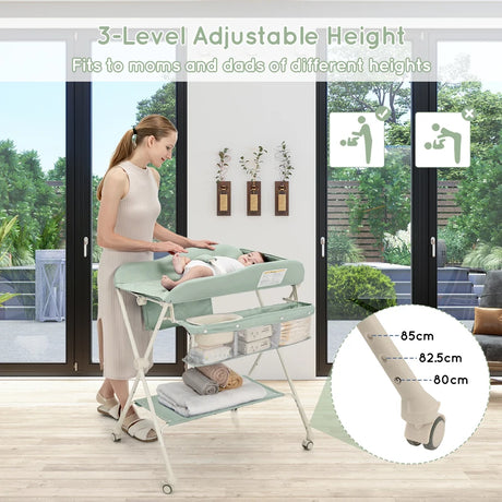 Baby Diaper Changing Table with Water Basin Wheel-Green