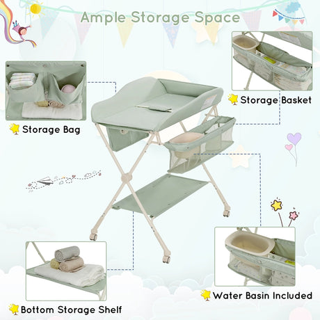 Baby Diaper Changing Table with Water Basin Wheel-Green