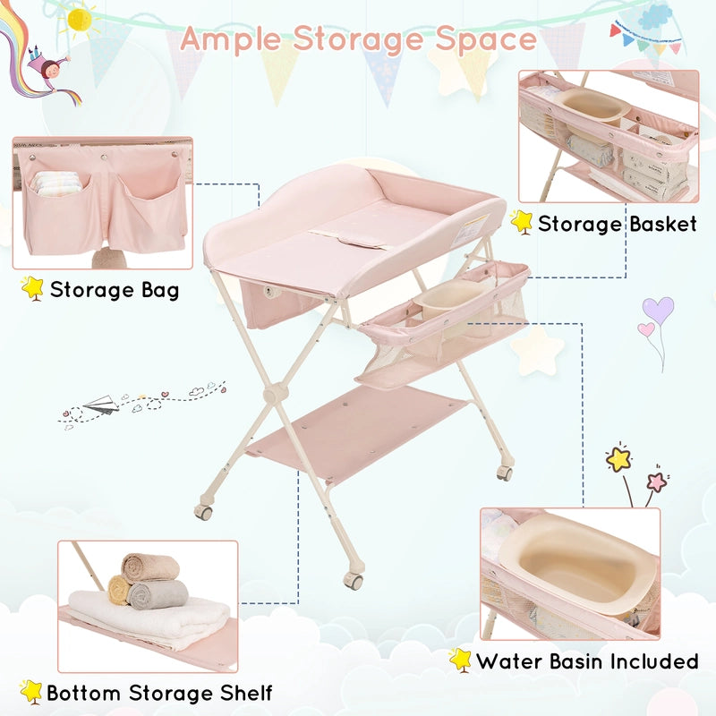 Foldable Diaper Changing Station, Height Adjustable Changing Table with Lockable Wheels-Pink