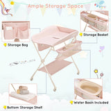 Foldable Diaper Changing Station, Height Adjustable Changing Table with Lockable Wheels-Pink
