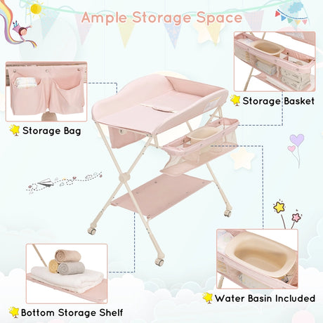 Foldable Diaper Changing Station, Height Adjustable Changing Table with Lockable Wheels-Pink